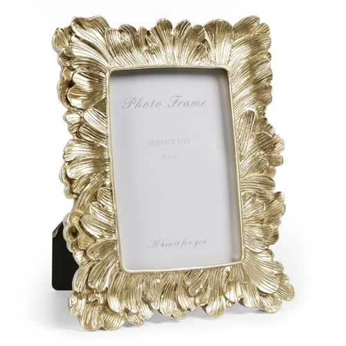 Vintage Picture Frame 4x6 Frames, Gold Palm Leaves Textured Hand-Crafted Resin with Glass Front Elegant Retro Vintage Design Photo Frame for Wall and Tabletop Display Home Decor