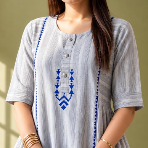 Image of Women's Grey Striped Cotton Midi Dress | Round Neck | Hand Block Print, Button Detailing, Half Sleeves | A-Line Casual One Piece Frock