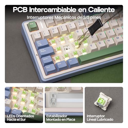 Image of EPOMAKER Aula F75 ISO-ES Wireless Mechanical Gaming Keyboard, 75% Spanish Layout with Knob, Creamy Gasket, Sound-Dampening, RGB, Hot-Swap, BT /2.4Ghz (Green)