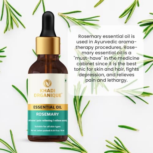 Image of Khadi Organique Rosemary Essential Oil for Hair & Skin | 100% Pure & Undiluted, Therapeutic Grade | Helps to Fight Acne & Scars, Controls Sebum, Stimulates Hair Growth | For Men & Women - 15 ml