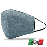  Made in Italy - Máscara lavable, máscaras lavables, máscara de algodón, máscara negra, cubierta protectora de tela reutilizable y ajustable con bolsillo para filtro de polvo… (CELESTE)