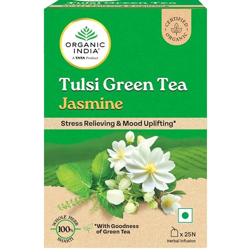 Image of A TATA Product - Organic India Tulsi Green Tea Jasmine - 25 Tea Bags, Certified Organic, Stress Relief, Mood Uplifting, Antioxidant Power, Soothing Jasmine Blend