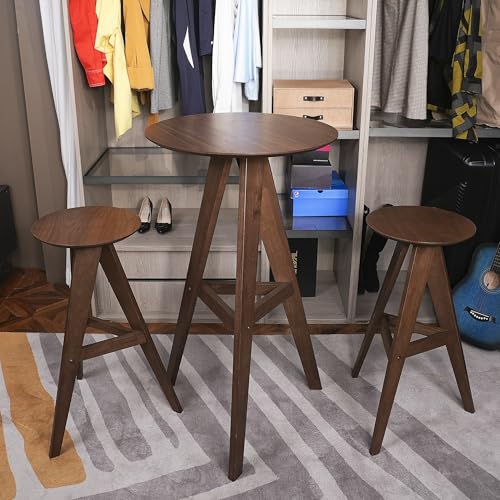 Image of CONSDAN Wood Bar Stools Set of 2, High Round Pub Chairs with Solid Wood Walnut Seat, Tall Bar Height Bistro Stools, Sturdy and Comfortable for Kitchen, Dining Room, or Home Bar, Modern Design