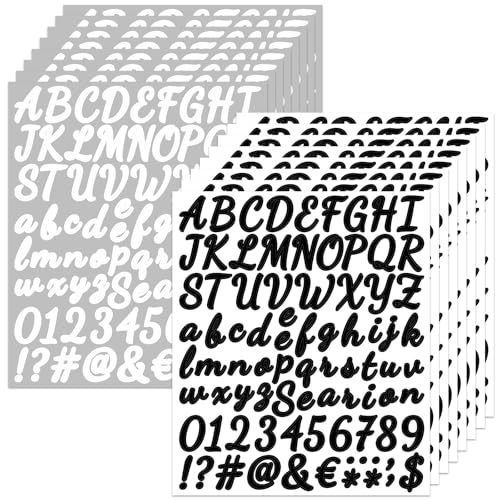 Bighan 1 Inch Vinyl Letter Number Sticker, 12 Sheets Self Adhesive Alphabet Number Sticker Symbol Stickers for Sign, Decor, Scrap Booking, Crafts and Decoration - Handwritten Black&White