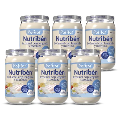 Nutribén Potitos de Bechamel con Lenguado y Merluza | Desde los 6 Meses | Pack de 6 x 235 gr | Sin gluten | Sin almidones | Sin Huevo y Sin LECHE