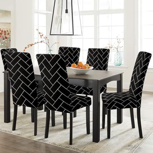 HOTKEI Pack of 6 Black Brick Print Elastic Stretchable Dining Table Chair Cover Seat Cover ...