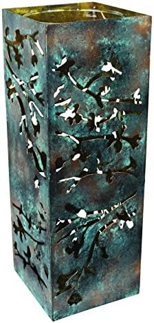MY SWANKY HOME Verdigris Gray Green Metal Cutout Candle Holder | Leaf Floral Hurricane