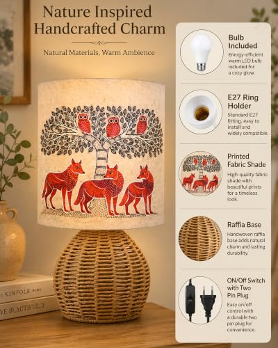 Image of Homesake Handwoven Rattan Table Lamp with Fabric Shade | Boho Bedside Lamp for Bedroom | Decorative Cane Lamp for Living Room | Warm Ambient Lighting | Raffia Round Home Decor, Gond Art Shade