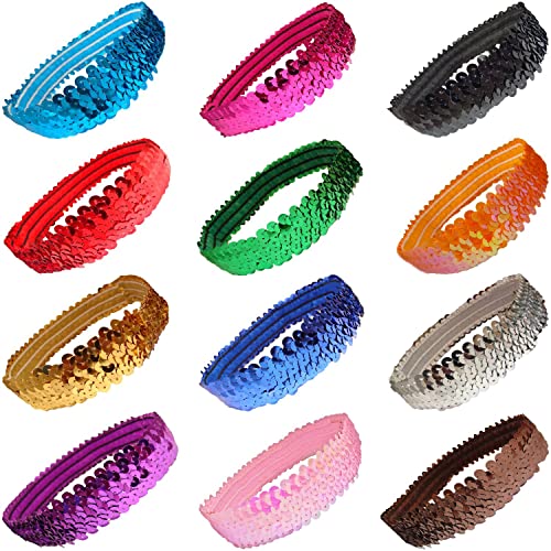 Kenz Laurenz Sequin Headband Pack 12 Glitter Headbands - Elastic Stretch Sparkly Fashion Headband for Girls Women Softball Volleyball Sports Teams Set Hair Accessories