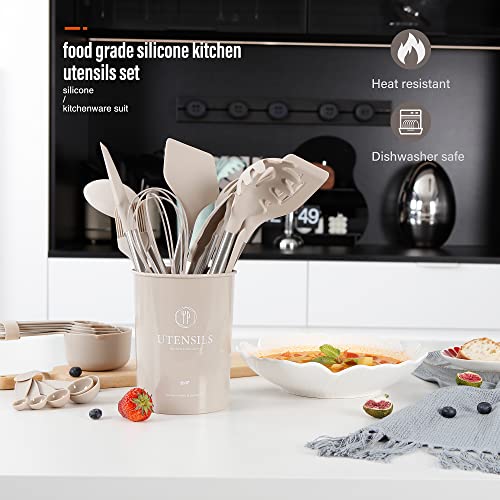 Qmvess Silicone Kitchen Utensil Set, 28 Pcs Non-Stick Cooking Utensils Set With Holder, Tongs, Spatula, Whisk, Measuring Cups And Spoons Set With Stainless Steel Handle Kitchen Gadgets (Khaki) #TOP6