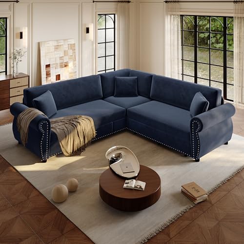 Image of KCGKCG 88.2 inch Sleeper Sofa Bed, Sectional Couches for Living Room /Apartment, Chenille L Shaped Couch with Pull Out Couch Bed, Convertible Sectional Sofa with Rolled Arm & Nailhead Trim, Blue