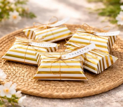 Image of SATYAM KRAFT 60 Pcs Golden Decorative Folding Paper Gift Boxes | For Wedding Return, Birthday, Engagement, Function Return Gifts | Fancy Packaging for Chocolates, Dry Fruits (White & Golden)