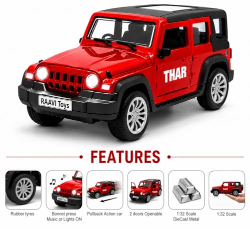 Image of Thar Roxx 1:32 Scale DieCast Metal Pull Back Action Openable Doors, 4x4 Thar Premium Car Toy with Lights and Music for Kids,Gift 2+yrs Girls & Boys (Thar 1:32 Red)