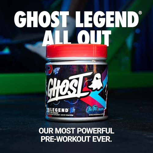 Image of GHOST Legend All Out Pre-Workout Powder, Blue Raspberry - 20 Servings - Pre-Workout Supplement for Men & Women - Energy & Pumps - Caffeine, Citrulline, Beta Alanine, Betaine, NO3-T - Sugar Free