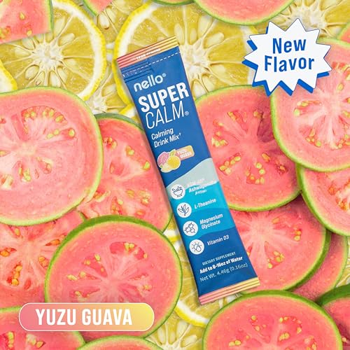 Image of Nello Supercalm Powdered Drink Mix, Cortisol Reducer* and Sleep Aid Supplement, L Theanine, Ksm-66 Ashwagandha, Magnesium Glycinate, Vitamin D 3, No Sugar, Non GMO, On The Go, 20 Ct, Yuzu Guava