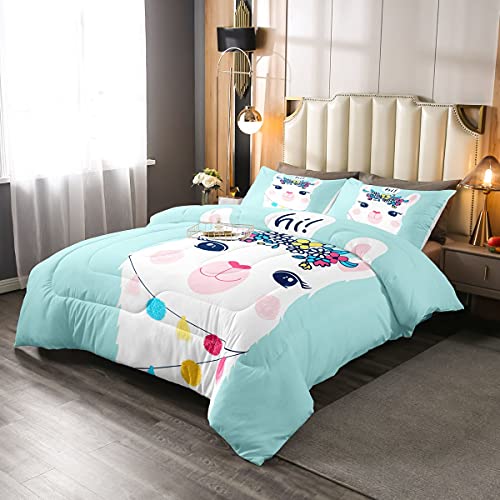 Feelyou Girls Cute Llama Comforter Queen Size Cartoon Llama Alpaca Comforter Set Ultra Soft Lovely Animal Theme Bedding Set Kawaii Room Decor for Daughter Colorful Floral Flowers Bed Quilt Insert
