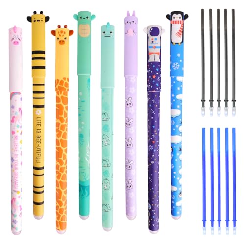 Erasable Pens 8 Colors 8 Rub Out Pens + 10 Refills (Blue And Black) Coloured Pen With Eraser On The Tip 0.6mm Cartoon Pattern Animal Pen For Childrens School Supplies Or Adults Office supplies