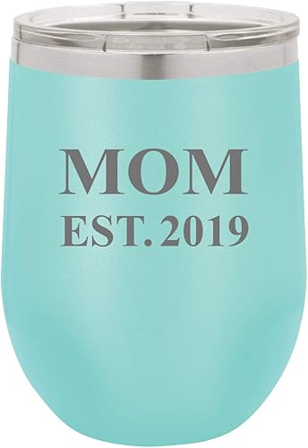 Miniatura 3 de Mom Established Est. 2019 - Vaso de vino de doble pared de acero inoxidable grabado de 12 onzas con tapa de plástico transparente, color morado