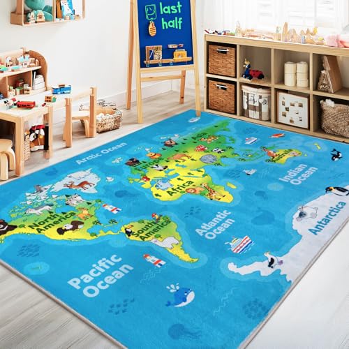 Image of OHDS Kids Playroom Rug, 4x5ft World Map Play Mat with Cute Animals, Washable Durable Soft Carpet Kid Educational Rugs for Boys Girls Bedroom Nursery Classroom