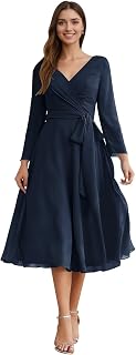 Xijun Tea Length Mother of The Bride Dresses Chiffon Long Sleeves V Neck Formal Dress Evening Gowns for Women