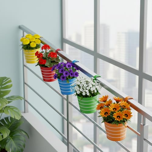 Image of Urban Plant Railing Hanging Metal Planter Pot | Gamla for Balcony | Bucket Planter for Home Decor | Pot for Indoor & Outdoor - Pack of 5 (Lining)