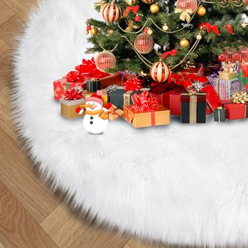 Touchat 48 Inch Faux Fur Christmas Tree Skirt, Faux Fur Plush Tree Skirt, Xmas Christmas Tree Skirt Decoration for Merry Christmas Party