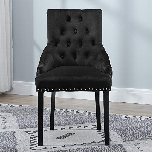 BOJU Set of 2 Black Tufted Fabric Studded Dining Chairs with Arms Knocker for Kithcen Velvet Upholstered Occasional Chairs with Armrest for Accent Restaurant Bedroom Living Room Side Chairs