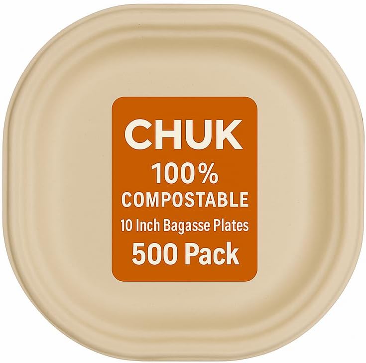 100% Compostable, 10 inch Plates, Disposable Paper Plates [500-Pack] - [PFAS Free] - [BPA Certified] - [10"] Heavy Duty Biodegradable Bagasse Plates