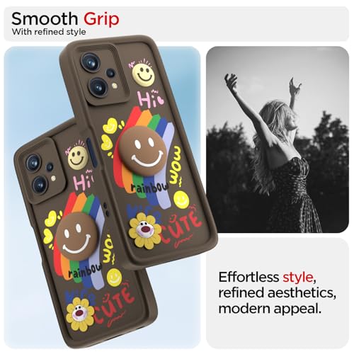 Image of Pikkme Back Cover for Realme 9 4G / Realme 9 Pro Plus 5G | Soft Silicone| Cute Rainbow Smile & 3D Cartoon Flower Design | Shockproof Raised Camera Protection Bumper Case (Brown)