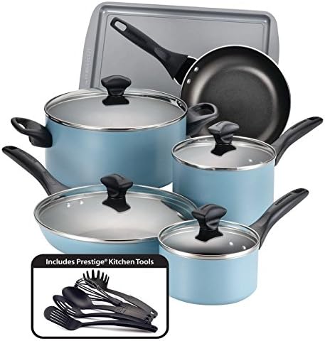 Pemberly Row Dishwasher Safe Nonstick 15 Piece Cookware Set in Aqua