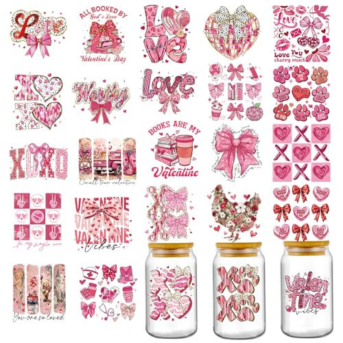 Valentine UV DTF Cup Wraps - 25 Sheets Pink Bow Love UV DTF Tumbler Wrap for 16 20 oz Glass, XOXO Worthy Transfer Stickers Decals for Water Bottle Coffee Mug Decoration Holiday Gifts for Girlfriend