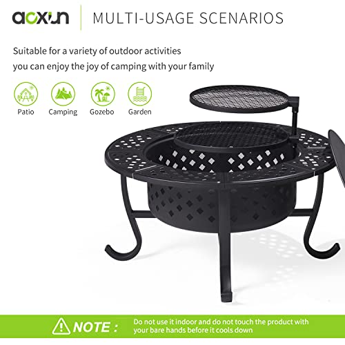 Aoxun Fire Pit,36" Outdoor Wood Burning Fire Pit with 2 Grills,BBQ Large Fire Table for Camping,Heating,Picnics