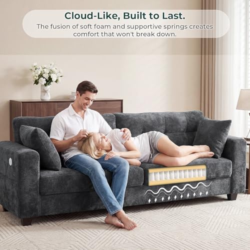 Image of 87 inch Loveseat Sofa for Living Room, Modern Chenille Cloud Couch with USB /Type-C Charging Ports, Side Pockets, Removable Cover, Wide Armrests, Small Couch for Small Space, Easy Assembly, Grey
