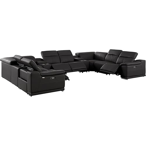 BlackJack Furniture Venice 10-Piece Top Grain Italian Leather Sectional Reclining Sofa Set with 4 Power Recliners, Adjustable Headrests, USB and Wireless Phone Charger and Console Storage, Black