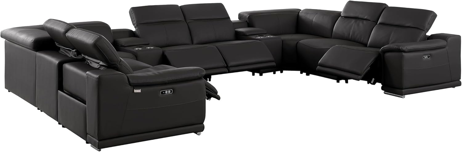 BlackJack Furniture Venice 10-Piece Top Grain Italian Leather Sectional Reclining Sofa Set with 4 Power Recliners, Adjustable Headrests, USB and Wireless Phone Charger and Console Storage, Black
