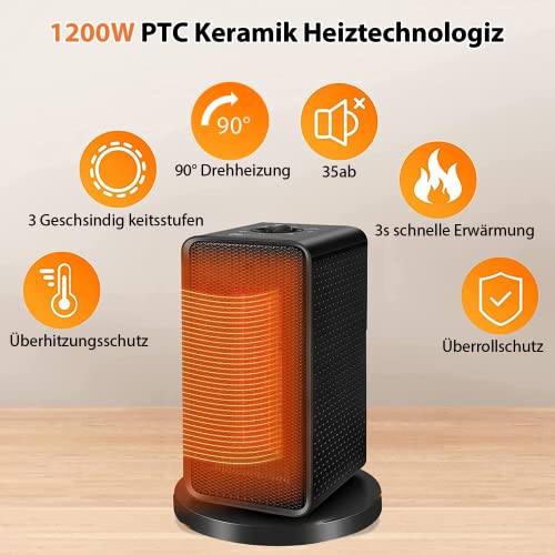 Keramische ventilatorkachel, 1200 W/600 W, met 2 standen, 90 graden oscillerende elektrische verwarming met oververhittings- en kantelbeveiliging, voor badkamer, woonkamer, kantoor, terras - Afbeelding 3