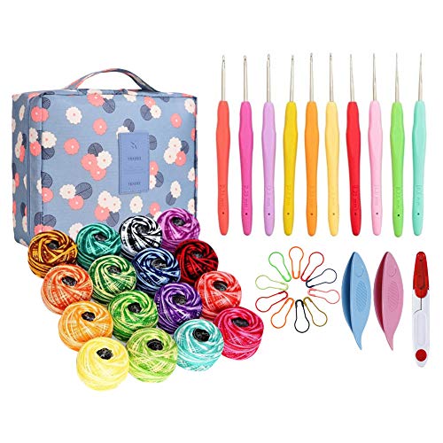 16 Rainbow Crochet Thread & 10 Small Crochet Hooks with Storage Bag, Complete Thread Crochet Kit with 2 Tatting Shutters and Accessories Tools