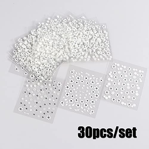 30 Sheets Flower Nail Art Stickers Decals White Nail Decorations 3D Self-Adhesive White Flower Sticker With Rhinestones Elegant Designs Nail Art Supplies Diy For Women Girls Enhance Glamour #TOP1