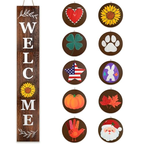 Perfnique Interchangeable Welcome sign for front porch standing, 47 x 7.9 Inch Black Wooden Leaner Sign with 10 Interchangeable Designed Icons, Morden Farmhouse Rustic Seasonal Decor for Spring Easter Fall Christmas - Image 8