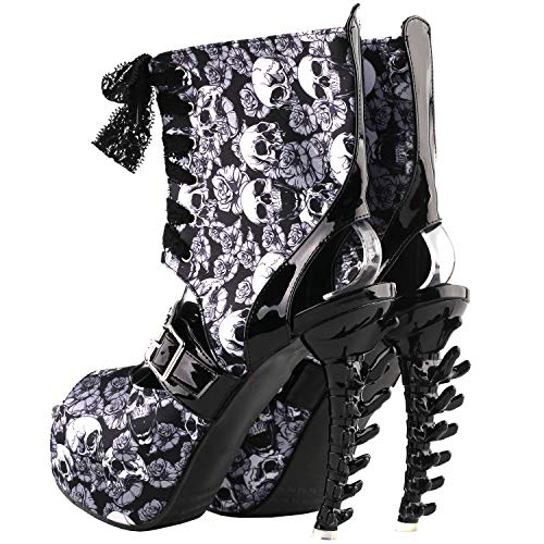 SHOW STORY Punk Skull Rose Print Stud Buckle Lace-UpPlatform Bone Heel Club Ankle Bootie Sandals,LF806634