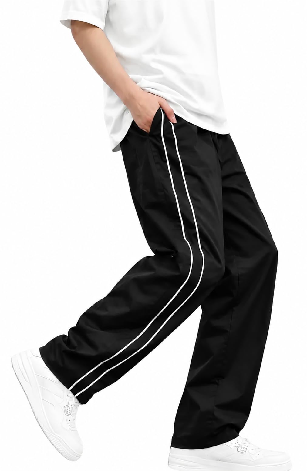 Men’s Relaxed Loose Fit Track Pants for Gym Workout Running Casual Wear Sports Lower with Pockets Adjustable Drawstring Waist Lightweight Quick Dry Activewear Fitness Black L-image-19