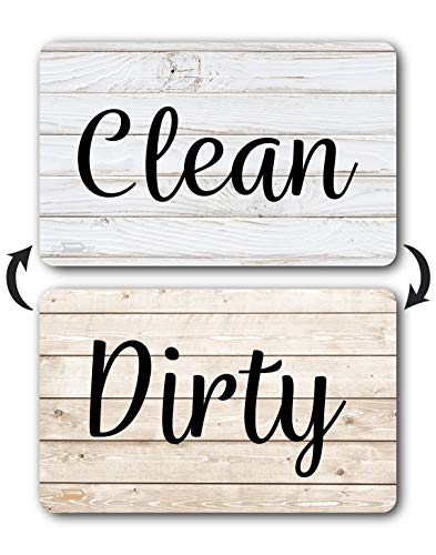 Rustic Wood Clean Dirty Dishwasher Magnet, Reversible Dish Washer Sign, Double Sided Strong Kitchen Flip Indicator, Bonus Universal Magnetic Plate, White Light Brown Black Neutral Farmhouse Design