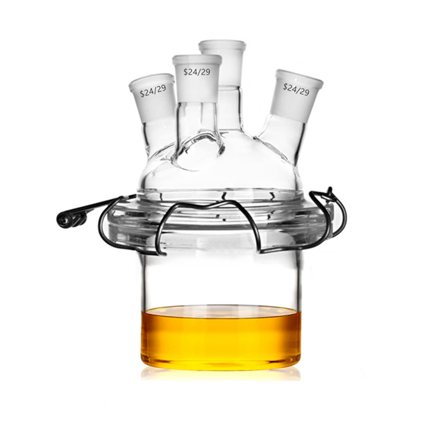 Flat Bottom Glass Reactor Four Necks 24/29 Joint Lab Reaction Vessel W/4-Neck Lid & Steel Clamp