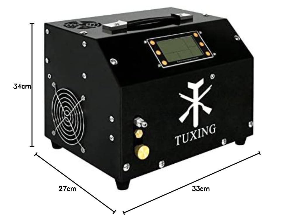 Compresor de Aire PCP TUXING de 4500 PSI, Versión con Pantalla LCD, Parada Automática, sin Aceite ni Agua, Transformador Integrado y Sistema de Drenaje para Rifles y Pistolas de Aire Comprimido PCP