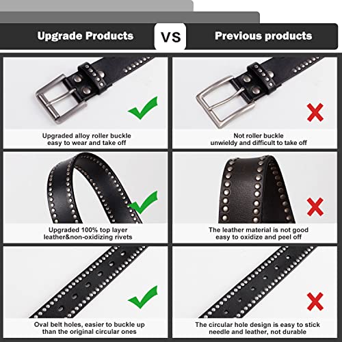 Fioretto Mens Studded Genuine Leather Belts For Jeans Vintage Retro Circle Rivets Belt With Buckle Black 34 #TOP4