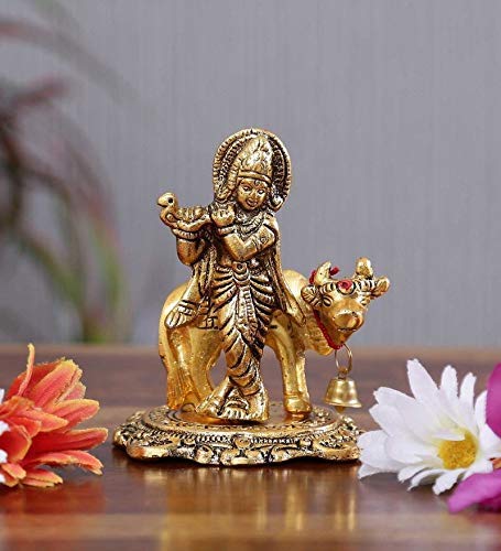 Edge Decor Metal Krishna Ji with Kamdhenu Cow Idol 7 x 7 x 10 cm Gold, 1 Piece