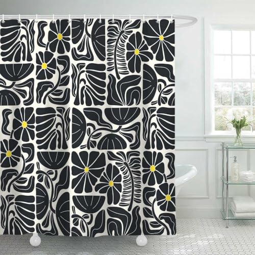 DeeCabin Boho Abstract Colorful Floral Shower Curtain, Vintage Retro Patchwork Black Flower Botanical Geometric Aesthetic Groovy Bathroom Decor Shower Curtain Set with 12 Hooks, 70X85IN