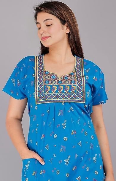 Image of NILOUFO Women's Cotton Jaipuri Nighty Gown - Pack of 2 Rajasthani Print Night Dresses | Maxi Sleepwear with Pocket | Soft Embroidered Loungewear for Ladies