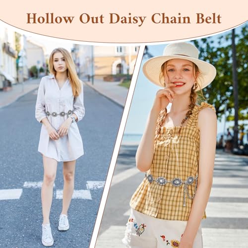 Silver Belt Chain Silver Concho Belt Adjustable Hollow Out Daisy Cowgirl Belts for Western Country Concert Outfit for Dress Jeans Pants4
