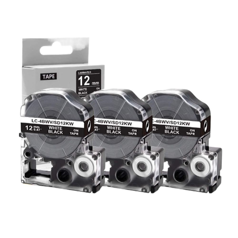 12 mm SD12KW Etichetta nastro per etichetta 3pk Adesiva acrilico 4bwv bianco su nero compatibile con stampanti di etichetta come LW-300 LW-400 e modelli simili